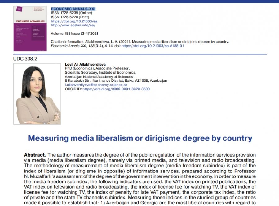 İqtisadiyyat İnstitutunun aliminin məqaləsi WEB of Science və SCOPUS bazalarına daxil olan jurnalda nəşr olunub