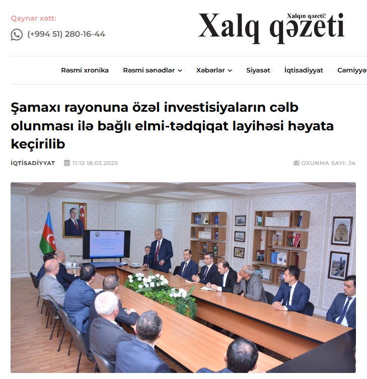 Şamaxı rayonuna özəl investisiyaların cəlb olunması ilə bağlı elmi-tədqiqat layihəsi həyata keçirilib